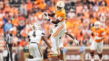 Tennessee wide receiver Radarious Jackson (5) makes a catch during Tennessee's home opener against ETSU at Neyland Stadium in Knoxville, Tenn., on Sept. 6, 2025.