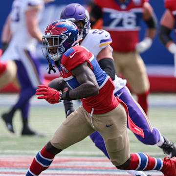 Sep 8, 2024; East Rutherford, New Jersey, USA; New York Giants wide receiver Malik Nabers (1) gains yards after catch during the first half against the Minnesota Vikings at MetLife Stadium.  