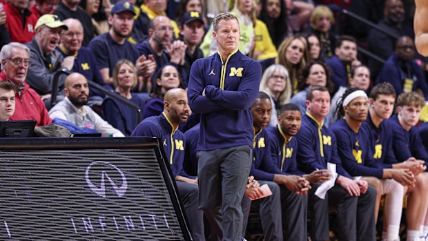 Michigan Wolverines head coach Dusty May looks on during the first half against the Rutgers Scarlet Knights 