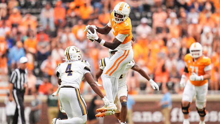 Tennessee wide receiver Radarious Jackson (5) makes a catch during Tennessee's home opener against ETSU at Neyland Stadium in Knoxville, Tenn., on Sept. 6, 2025.