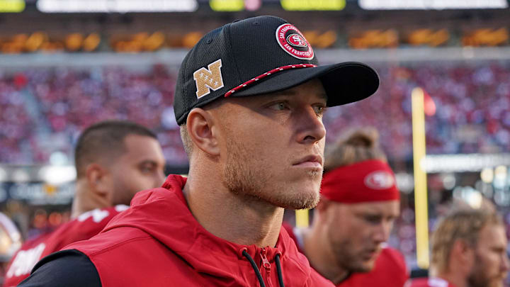 Sep 9, 2024; Santa Clara, California, USA; San Francisco 49ers running back Christian McCaffrey (23) watches injured from the sidelines in the second quarter against the New York Jets at Levi's Stadium. Mandatory Credit: David Gonzales-Imagn Images