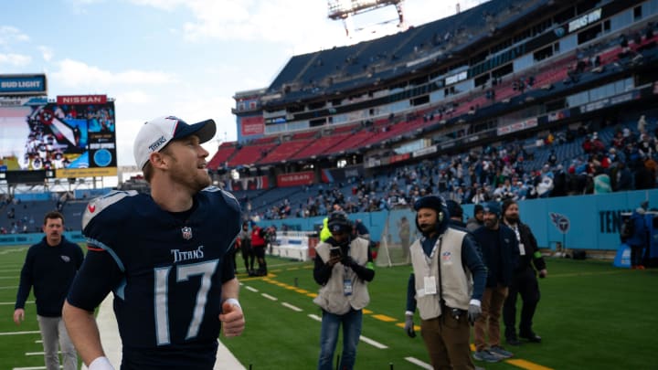 Tennessee Titans quarterback Ryan Tannehill (17) heads off the field after beating the Jacksonville Jaguars at Nissan Stadium in Nashville, Tenn., Sunday, Jan. 7, 2024. The Titans beat the Jaguars 28-20 to knock them out of the playoffs.