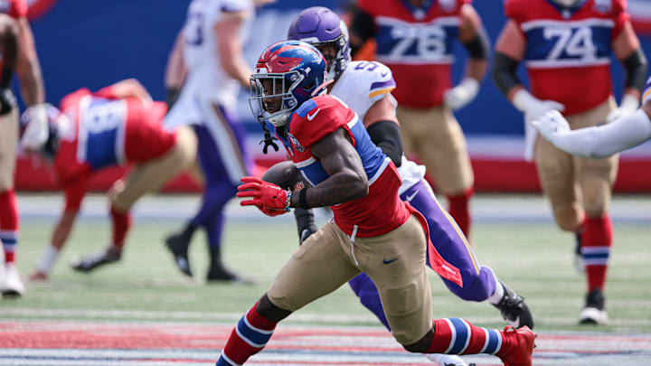 Sep 8, 2024; East Rutherford, New Jersey, USA; New York Giants wide receiver Malik Nabers (1) gains yards after catch during the first half against the Minnesota Vikings at MetLife Stadium.  