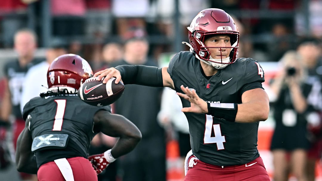 Sep 20, 2025; Pullman, Washington, USA; Washington State Cougars quarterback Zevi Eckhaus (4) throws a pass against the Washington Huskies in the first half of Apple Cup at Gesa Field at Martin Stadium. Mandatory Credit: James Snook-Imagn Images
