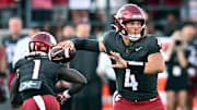 Sep 20, 2025; Pullman, Washington, USA; Washington State Cougars quarterback Zevi Eckhaus (4) throws a pass against the Washington Huskies in the first half of Apple Cup at Gesa Field at Martin Stadium. Mandatory Credit: James Snook-Imagn Images
