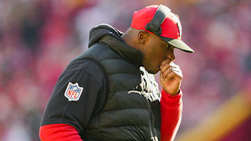 Dec 21, 2024; Kansas City, Missouri, USA; Houston Texans head coach DeMeco Ryans reacts after an injury to wide receiver Tank Dell (not pictured) during the second half against the Kansas City Chiefs at GEHA Field at Arrowhead Stadium. Mandatory Credit: Jay Biggerstaff-Imagn Images
