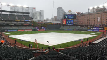 Oct 7, 2023; Baltimore, Maryland, USA; Rain falls on the field prior to the Baltimore Orioles game