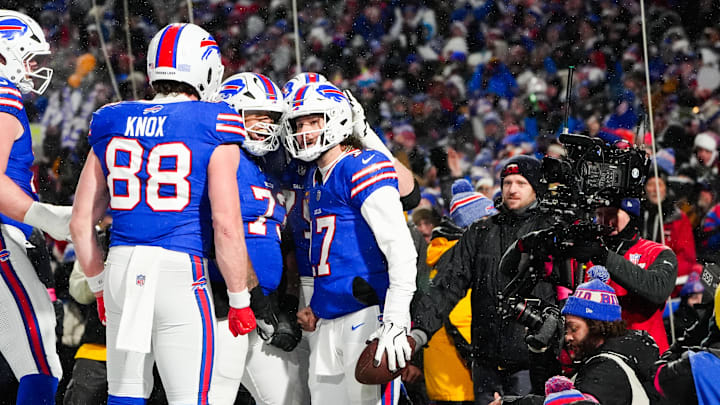 Jan 19, 2025; Orchard Park, New York, USA; Buffalo Bills quarterback Josh Allen (17) celebrates with Buffalo Bills tight end Dawson Knox (88) Jan 19, 2025; Orchard Park, New York, USA; Buffalo Bills quarterback Josh Allen (17) celebrates with Buffalo Bills tight end Dawson Knox (88)