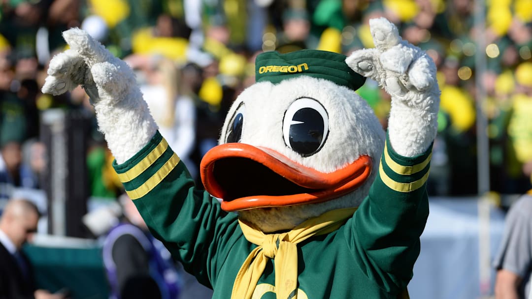 Jan 1, 2015; Pasadena, CA, USA; Oregon Ducks mascot during the first half of the 2015 Rose Bowl college football game at Rose Bowl. Mandatory Credit: Jayne Kamin-Oncea-Imagn Images