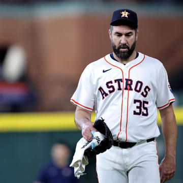 Aug 4, 2024; Houston, Texas, USA; Houston Astros starting pitcher Justin Verlander (35) walks to the dugout prior to the game against the Tampa Bay Rays at Minute Maid Park. 