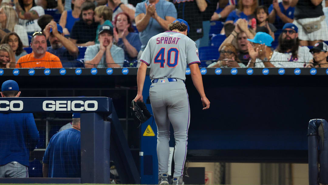 Sep 26, 2025; Miami, Florida, USA; New York Mets starting pitcher Brandon Sproat (40) exits the game against the Miami Marlins during the fifth inning at loanDepot Park. Mandatory Credit: Sam Navarro-Imagn Images