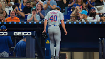 Sep 26, 2025; Miami, Florida, USA; New York Mets starting pitcher Brandon Sproat (40) exits the game against the Miami Marlins during the fifth inning at loanDepot Park. Mandatory Credit: Sam Navarro-Imagn Images