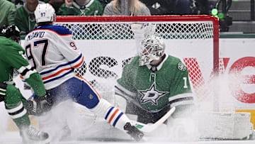 May 29, 2025; Dallas, Texas, USA; Edmonton Oilers center Connor McDavid (97) scores a goal against Dallas Stars goaltender Casey DeSmith (1) during the second period in game five of the Western Conference Final of the 2025 Stanley Cup Playoffs at American Airlines Center. Mandatory Credit: Jerome Miron-Imagn Images