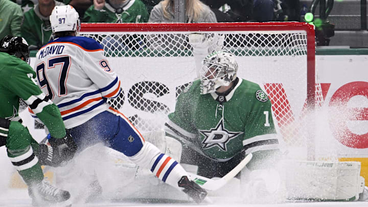 May 29, 2025; Dallas, Texas, USA; Edmonton Oilers center Connor McDavid (97) scores a goal against Dallas Stars goaltender Casey DeSmith (1) during the second period in game five of the Western Conference Final of the 2025 Stanley Cup Playoffs at American Airlines Center. Mandatory Credit: Jerome Miron-Imagn Images