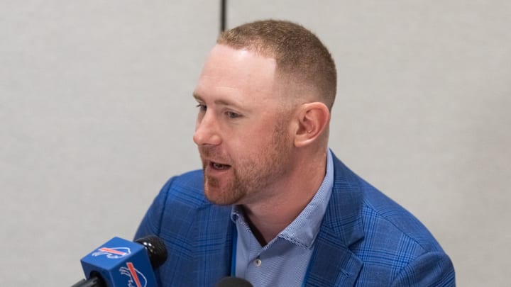 Mar 31, 2026; Phoenix, AZ, USA; Buffalo Bills head coach Joe Brady during the 2026 NFL Annual League Meeting at the Arizona Biltmore. Mandatory Credit: Mark J. Rebilas-Imagn Images