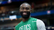 Oct 27, 2025; New Orleans, Louisiana, USA; Boston Celtics guard Jaylen Brown (7) smiles during the second half against the New Orleans Pelicans at Smoothie King Center. Mandatory Credit: Matthew Hinton-Imagn Images