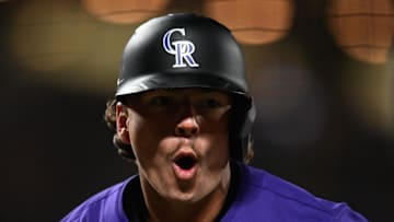 May 1, 2025; San Francisco, California, USA; Colorado Rockies left fielder Jordan Beck (27) celebrates his run against the San Francisco Giants in the eighth inning at Oracle Park. Mandatory Credit: Eakin Howard-Imagn Images