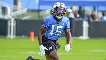 Jul 24, 2024; Charlotte, NC, USA; Carolina Panthers wide receiver Jonathan Mingo (15) runs a pass route at Carolina Panthers Practice Fields. Mandatory Credit: Jim Dedmon-Imagn Images