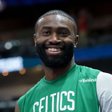 Oct 27, 2025; New Orleans, Louisiana, USA; Boston Celtics guard Jaylen Brown (7) smiles during the second half against the New Orleans Pelicans at Smoothie King Center. Mandatory Credit: Matthew Hinton-Imagn Images
