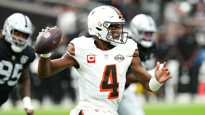 Sep 29, 2024; Paradise, Nevada, USA; Cleveland Browns quarterback Deshaun Watson (4) looks to make a pass against the Las Vegas Raiders during the first quarter at Allegiant Stadium. Mandatory Credit: Stephen R. Sylvanie-Imagn Images