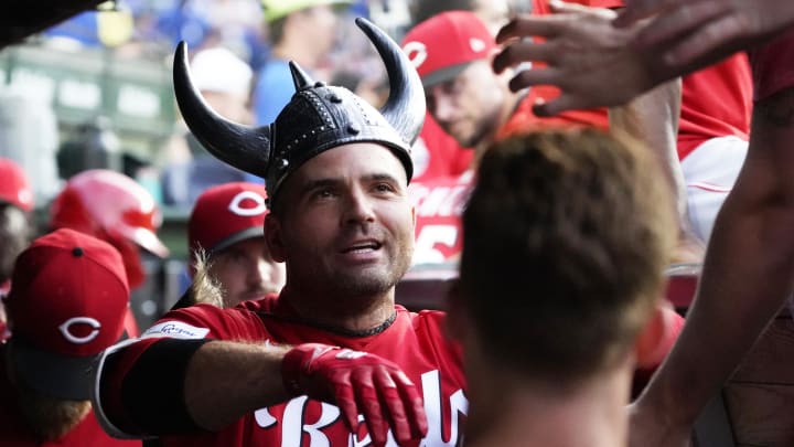 Aug 2, 2023; Chicago, Illinois, USA; Cincinnati Reds first baseman Joey Votto (19) celebrates his home run against the Chicago Cubs during the second inning at Wrigley Field. Mandatory Credit: David Banks-USA TODAY Sports