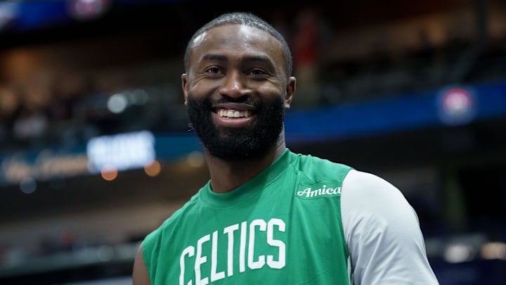 Oct 27, 2025; New Orleans, Louisiana, USA; Boston Celtics guard Jaylen Brown (7) smiles during the second half against the New Orleans Pelicans at Smoothie King Center. Mandatory Credit: Matthew Hinton-Imagn Images