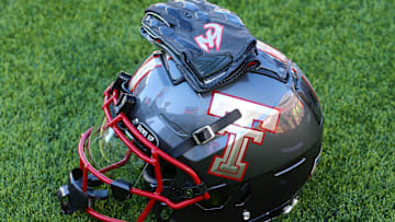 A general view of a Texas Tech Red Raiders helmet. Mandatory Credit: Michael C. Johnson-Imagn Images