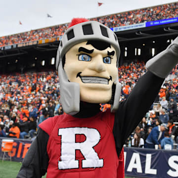 Nov 1, 2025; Champaign, Illinois, USA;  The Rutgers Scarlet Knights mascot  during the second half against the Illinois Fighting Illini  at Memorial Stadium. Mandatory Credit: Ron Johnson-Imagn Images