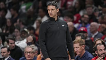 Oct 25, 2025; Atlanta, Georgia, USA; Oklahoma City Thunder head coach Mark Daigneault reacts on the bench against the Atlanta Hawks during the first half at State Farm Arena. Mandatory Credit: Dale Zanine-Imagn Images