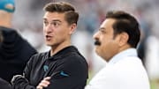 Nov 23, 2025; Glendale, Arizona, USA; Jacksonville Jaguars general manager James Gladstone (left) with owner Shad Khan against the Arizona Cardinals at State Farm Stadium. Mandatory Credit: Mark J. Rebilas-Imagn Images