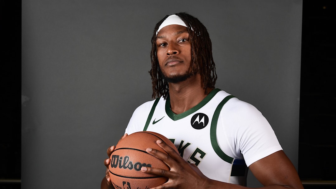 Sep 29, 2025; Milwaukee, WI, USA; Milwaukee Bucks center Myles Turner (3) poses for a picture during Milwaukee Bucks Media Day at the Fiserv Forum.  Mandatory Credit: Benny Sieu-Imagn Images