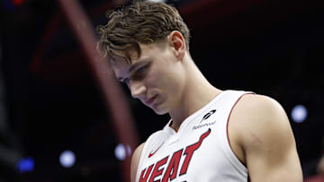 Nov 12, 2024; Detroit, Michigan, USA;  Miami Heat guard Pelle Larsson (9) walks off the court after the game against the Detroit Pistons at Little Caesars Arena. Mandatory Credit: Rick Osentoski-Imagn Images