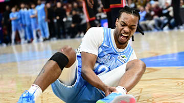 Mar 5, 2025; Cleveland, Ohio, USA; Cleveland Cavaliers guard Darius Garland (10) reacts after falling during a play in the second half against the Miami Heat at Rocket Arena. Mandatory Credit: Ken Blaze-Imagn Images