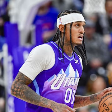 Utah Jazz guard Jordan Clarkson dribbles the ball downcourt against the New York Knicks. Mandatory Credit: Christopher Creveling-Imagn Images