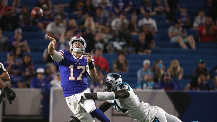 CHARLOTTE, NORTH CAROLINA - AUGUST 16: Josh Allen #17 of the Buffalo Bills against the Carolina Panthers during the third quarter of their preseason game at Bank of America Stadium on August 16, 2019 in Charlotte, North Carolina.