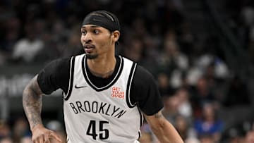 Mar 31, 2025; Dallas, Texas, USA; Brooklyn Nets guard Keon Johnson (45) in action during the game between the Dallas Mavericks and the Brooklyn Nets at the American Airlines Center. Mandatory Credit: Jerome Miron-Imagn Images