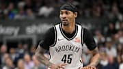 Mar 31, 2025; Dallas, Texas, USA; Brooklyn Nets guard Keon Johnson (45) in action during the game between the Dallas Mavericks and the Brooklyn Nets at the American Airlines Center. Mandatory Credit: Jerome Miron-Imagn Images