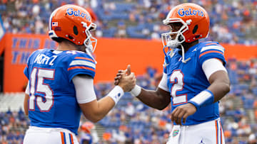 Florida Gators quarterback Graham Mertz (15) and Florida Gators quarterback DJ Lagway (2) 