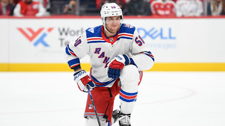 Dec 31, 2025; Washington, District of Columbia, USA; New York Rangers left wing Will Cuylle (50) reacts after falling during the first period against the Washington Capitals at Capital One Arena. Mandatory Credit: Hannah Foslien-Imagn Images