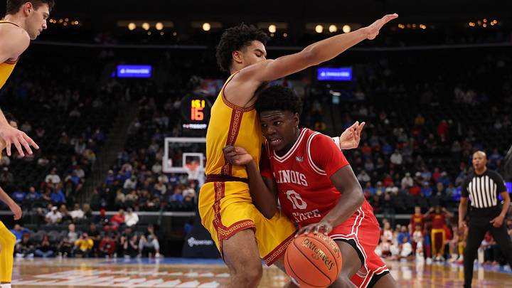 Nov 14, 2025; Inglewood, California, USA; Illinois State Redbirds guard Ty'Reek Coleman (10) drives to the basket against Southern California Trojans guard Rodney Rice (1) during the second half of the Hall of Fame Series game at Intuit Dome. Mandatory Credit: Kiyoshi Mio-Imagn Images