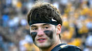 Sep 6, 2025; Columbia, Missouri, USA; Missouri Tigers quarterback Beau Pribula (9) on the field after the Tigers' 42-31 victory in the Border War against the Kansas Jayhawks at Faurot Field at Memorial Stadium.
