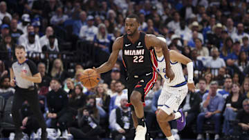 Oct 22, 2025; Orlando, Florida, USA; Miami Heat forward Andrew Wiggins (22) controls the ball against the Orlando Magic in the first quarter at Kia Center. Mandatory Credit: Nathan Ray Seebeck-Imagn Images