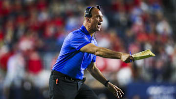 Nov 15, 2025; Oxford, Mississippi, USA; Florida Gators interim head coach Billy Gonzales reacts to a play against the Mississippi Rebels during the second half at Vaught-Hemingway Stadium. Mandatory Credit: Petre Thomas-Imagn Images