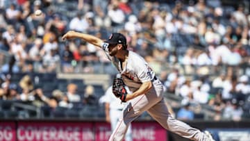 Sep 15, 2024; Bronx, New York, USA;  Boston Red Sox starting pitcher Kutter Crawford (50) pitches in the first inning against the New York Yankees at Yankee Stadium. Mandatory Credit: Wendell Cruz-Imagn Images