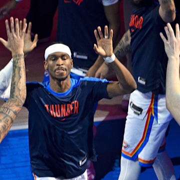 Jun 16, 2025; Oklahoma City, Oklahoma, USA; Oklahoma City Thunder guard Shai Gilgeous-Alexander (2) is introduced before the game between the Oklahoma City Thunder and the Indiana Pacers in game five of the 2025 NBA Finals at Paycom Center. Mandatory Credit: Jerome Miron-Imagn Images