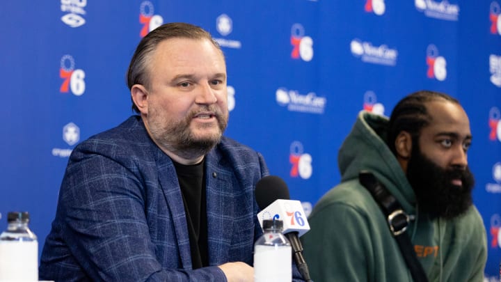 Feb 15, 2022; Camden, NJ, USA; Philadelphia 76ers president of basketball operations Daryl Morey speaks with the media at Philadelphia 76ers Training Complex. Mandatory Credit: Bill Streicher-USA TODAY Sports