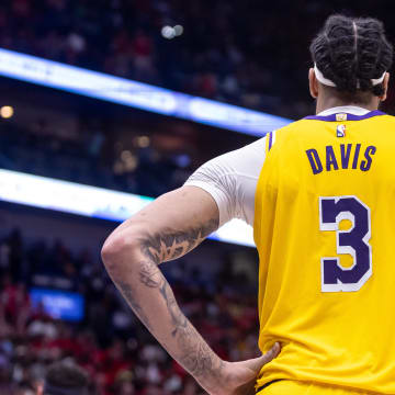 Apr 16, 2024; New Orleans, Louisiana, USA;  Los Angeles Lakers forward Anthony Davis (3) looks on against the New Orleans Pelicans during the second half of a play-in game of the 2024 NBA playoffs at Smoothie King Center. Mandatory Credit: Stephen Lew-USA TODAY Sports