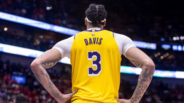 Apr 16, 2024; New Orleans, Louisiana, USA;  Los Angeles Lakers forward Anthony Davis (3) looks on against the New Orleans Pelicans during the second half of a play-in game of the 2024 NBA playoffs at Smoothie King Center. Mandatory Credit: Stephen Lew-USA TODAY Sports