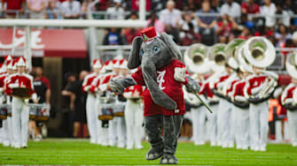 Aug 31, 2024; Tuscaloosa, Alabama, USA; Alabama Crimson Tide mascot Big Al leads the Million Dollar Band before the first quarter at Bryant-Denny Stadium. Mandatory Credit: Will McLelland-USA TODAY Sports