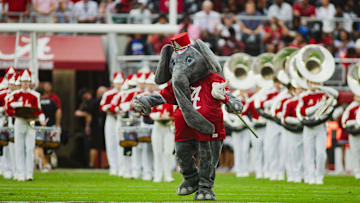 Aug 31, 2024; Tuscaloosa, Alabama, USA; Alabama Crimson Tide mascot Big Al leads the Million Dollar Band before the first quarter at Bryant-Denny Stadium. Mandatory Credit: Will McLelland-USA TODAY Sports